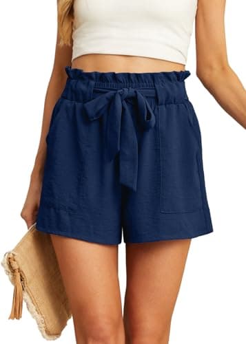 IWOLLENCE Womens Shorts with Pockets Summer Casual Shorts for Women Waist Casual Lightweight Adjustable Tie Knot Loose Dark Blue Medium - Image 1