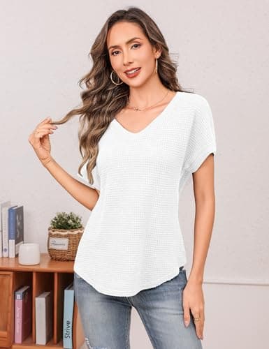 Totatuit Waffle Knit Casual Tops for Women V Neck Short Sleeve Summer Shirts Loose Fitting Curved Hem Blouses Soft Breathable Basic Tee White - Thumbnail 2