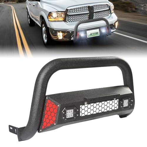 PARTREE Bull Bar Fit for Dodge Ram 1500 2009-2018 & Ram 1500 Classic 2019-2025((Exl Rebel Warlock Sport) with LED Light,w/License Plate Bracket DIY Paintable Front Bumper Brush Push Bar Grille Guard