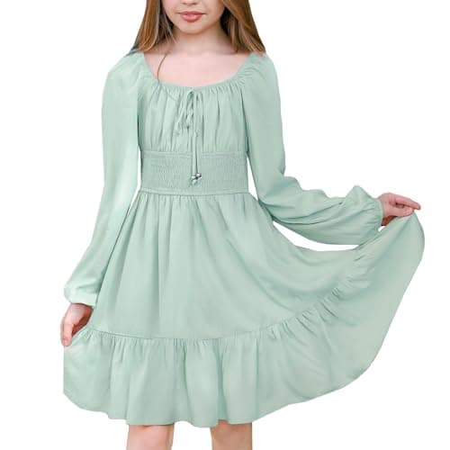 Simplee kids Girls Dresses Fall Long Sleeve Dress for Girl Tween Off Shoulder Smocked Dresses Size 8-9 Years Green - Image 1