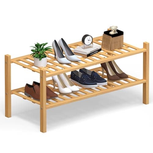 Haddockway 2 Tier Bamboo Shoe Rack Storage Organizer, Multifunctional Free Standing Stackable Shoe Shelf with Grid Panel for Closet,Hallway,Entryway,Small Space 27"x11"x13"