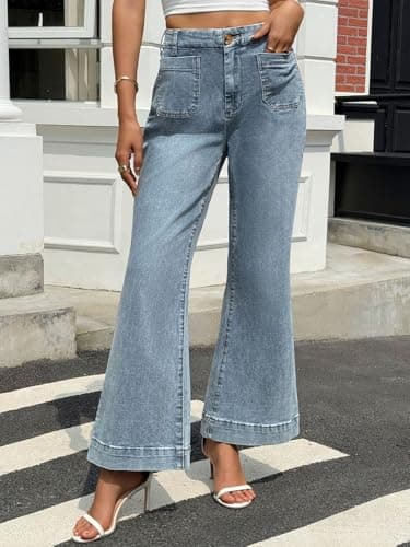 PEIHOT Womens High Waisted Straight Leg Jeans Trendy Stretchy Loose Wide Leg Pull On Mid Rise Flare Denim Pants with Pocket 2025 Light Blue - Thumbnail 3