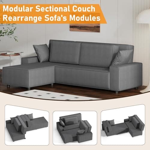 Garvee Fine Corduroy Stripe Large Couch, l Shaped Oversized Sectional Sofa with Deep Seat, Comfy Modular Couch for Living Room, Apartment, 61" d x 96" w x 32" h, Corduroy, Grey - Thumbnail 5