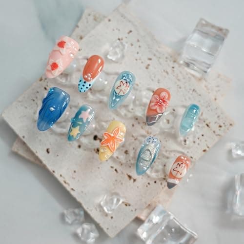 Tesytto Summer Beach Press on Nails Medium Almond - Blue Ocean French Tip False Nails with 3D Flower Colorful Sea Starfish Designs Full Cover Handmade Stick on Nails (Blue Floral Carving,S) - Thumbnail 4