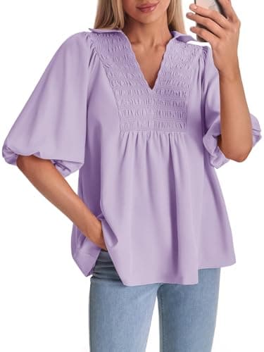 Cicy Bell Womens Summer Puff Sleeve Blouses Smocked V Neck Babydoll Peplum Casual Tunic Tops Loose Fit Pleated Shirts Purple - Image 1