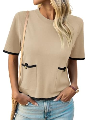Saodimallsu Womens Short Sleeve Sweater Color Block Crew Neck Summer Crop Tops Loose Casual Knit Shirts with Pockets Khaki - Image 1