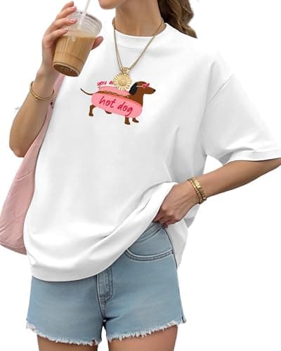 Aiyino Womens Funny Dog Graphic Tee Oversized Cute Dog Art Shirt for Pet Lovers Casual Cotton T-Shirt Gift Top Hot Dog White XL - Image 1