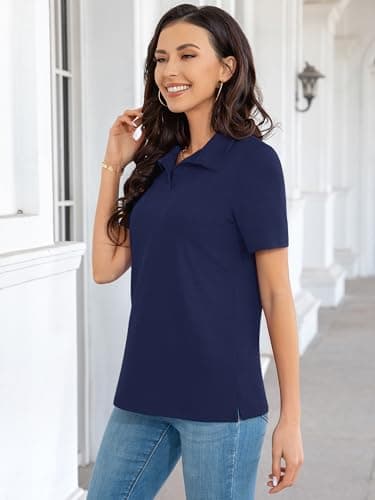 MK Shop Limited Polo Shirts for Women Business Casual Work Lapel Collared Tops V Neck Short Sleeve Summer Quick Dry Golf Polos Tunic Blouse Navy Blue - Thumbnail 4