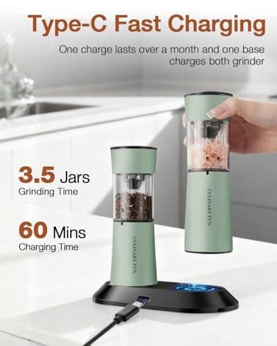 Electric Salt and Pepper Grinder Set–USB-C Rechargeable Charging Base Pepper Mill, Dual LED Light, Adjustable Coarseness,One-Handed Operation, Stainless Steel Sage Green Finish,2pack - Thumbnail 3