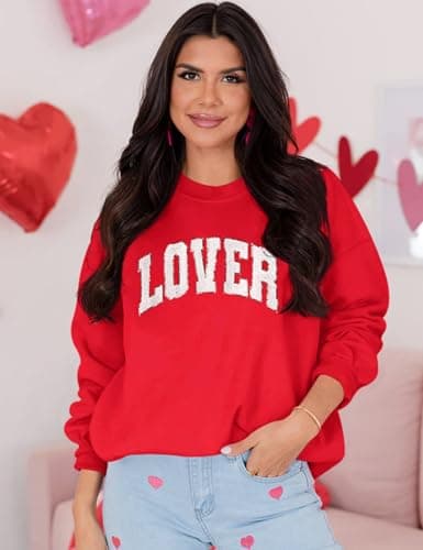 LETSEE Womens Sweatshirt Crewneck Cotton Long Sleeve Casual Pullover Tops Letter Lover(Red, X-Large) - Thumbnail 3