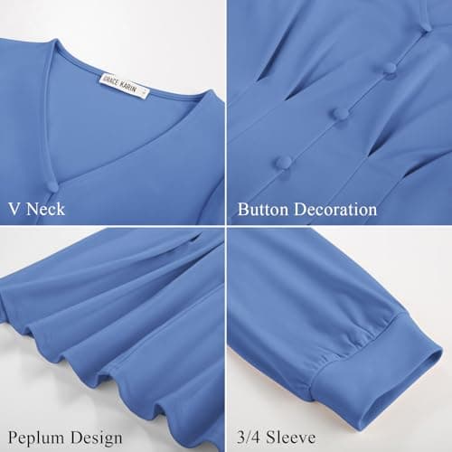 GRACE KARIN Women Business Casual Tops, 2026 Spring Trendy Dressy Blouses, 3/4 Sleeve V Neck Work Shirts Light Blue X-Large - Thumbnail 5