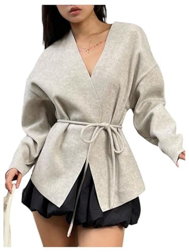 MakeMeChic Women's Fall Wrap V Neck Long Sleeve Coat Belted Tie Front Jacket Outerwear Apricot Small - Image 1