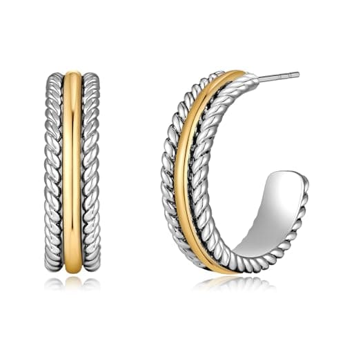 VEDAIM Two Tone Studs Earrings for Women Gold and Silver Mixed Metal Earring Chunky C Hoop Earrings Fashion Jewelry - Image 1