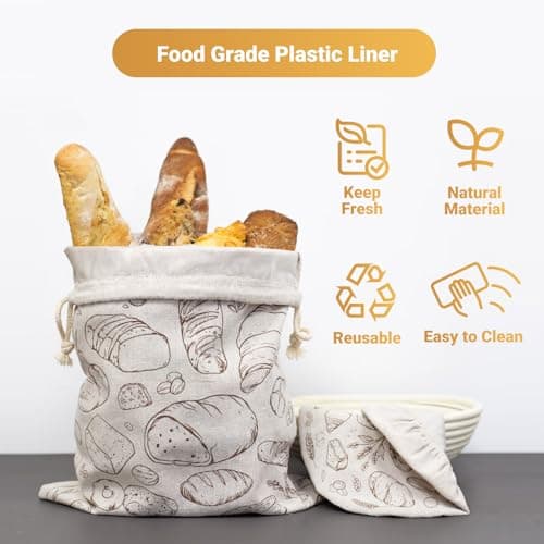 Verigud Large Reusable Linen Bread Bag and 10'' Bowl Cover with Plastic Liners for Bread Storage & Sourdough Proofing - Thumbnail 2