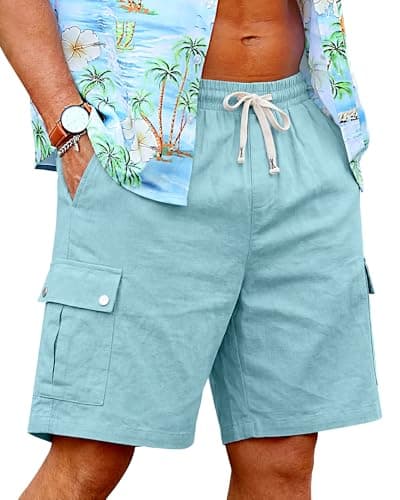 TRFIC Men's Cotton Linen Cargo Shorts - Elastic Waist with Drawstring, 6 Pockets, Summer Beach Vacation, Casual Lounge X-Large Light Blue - Image 1