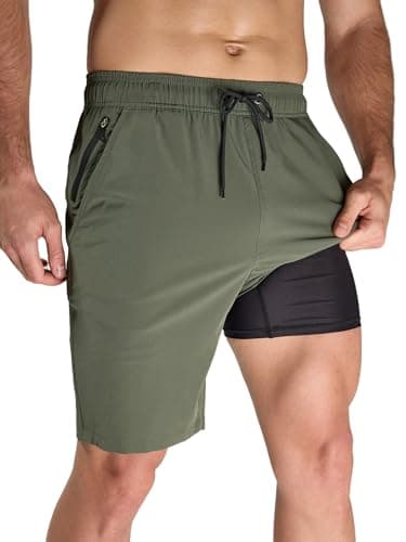 Arcweg Men's Swim Trunks Army Green with Compression Liner and Zipper Pockets Quick Dry Bathing Suit Board Swimming Shorts Medium - Image 1