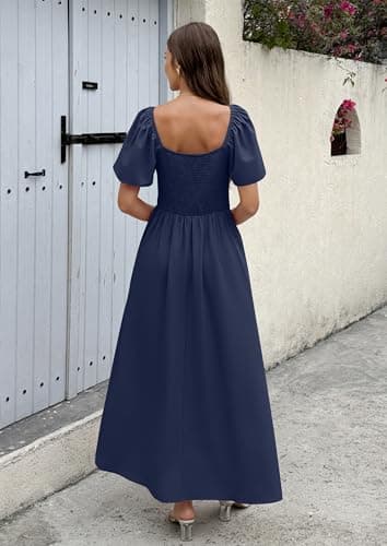 ECOWISH Womens Summer Maxi Dresses: 2026 Casual Flutter Short Sleeve Twist Front Long Flowy Wedding Guest Dress with Pockets 482Navy Blue S - Thumbnail 4