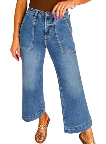 Astylish Women's Stretchy Breathable Straight Wide Leg High Waist Jeans Tummy Control Boyfriend Casual Flare Cropped Ankle Denim Trouser Deep Front Pockets Plus Size Spring Clothes Dusk Blue Size 18 - Image 1