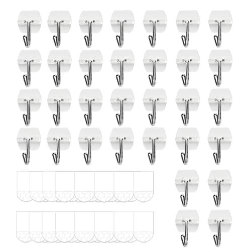 32 Hooks and 40 Strips, Clear Small Wall Hooks for Hanging, Wire Toggle Hooks for Walls No Damage, Utility Hooks Heavy Duty with Adhesive Strips for Hanging Decorations in Living Spaces, No Tools.