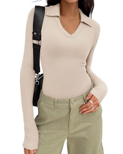 KIRUNDO Polo Shirts for Women Long Sleeve Business Casual Tops 2026 Spring Fall Ribbed Knit Collared V Neck Slim Work Blouses(Apricot, X-Small) - Thumbnail 2