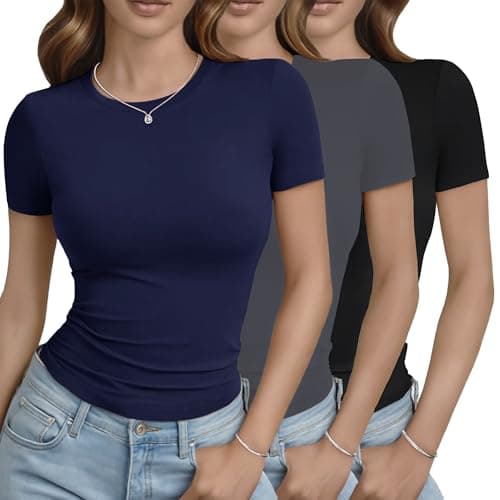 GAYHAY 3 Pack Basic Tees for Women - Crew Neck Slim Fit Tight T Shirts Cute Y2K Trendy Crop Tops Clothes for Casual Summer Black Grey Navy Blue - Image 1