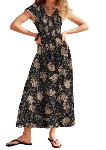 Women 2026 Summer V Neck Short Sleeve Smocked Floral Maxi Dresses, Casual Boho Beach Dress,Flowy Ruffle Funeral Dress Outfits - Image 1