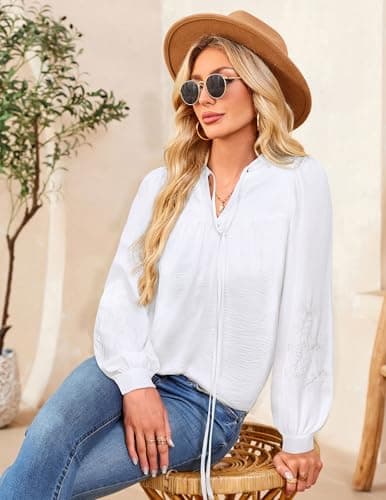 LOOKBOHO Womens Dressy Blouses Casual Mexican Floral Embroidered Long Sleeve Shirts V Neck Pleated Loose Fit Boho Tops S - Thumbnail 4