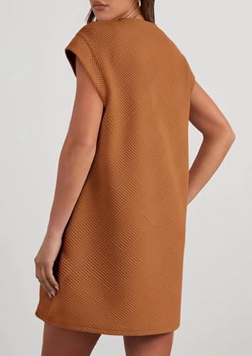 PRETTYGARDEN Women's Summer Short T Shirt Dress Cap Sleeve Crew Neck Casual Loose Basic Mini Dresses (Brown Yellow,Small) - Thumbnail 2