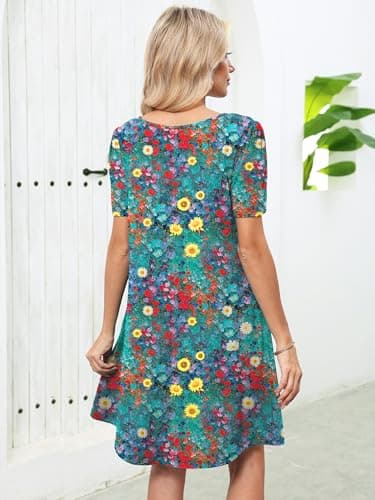 Heymoments Women's Short Sleeve Dress Floral Print XX-Large Plus Size Crewneck Casual Flowy Above Knee Length Sundress Comfortable Shirt Work Summer Cheap Dresses with Pockets - Thumbnail 3