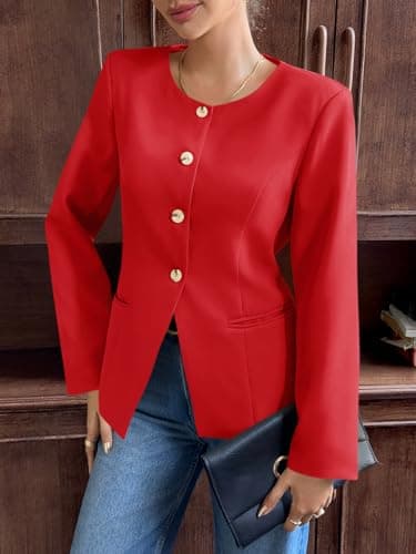 Cicy Bell Womens Business Casual Fitted Blazers Collarless Split Hem Work Office Button Down Suit Jackets Red - Thumbnail 3