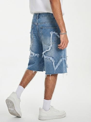 JMIERR Men's Baggy Jorts Loose Fit Wide Leg Comfy Y2K Hip Hop Streetwear Vintage Casual Star Denim Shorts with Pockets, Sail Blue, X-Large - Thumbnail 4