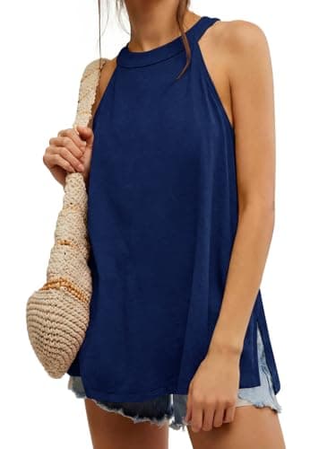Tankaneo Womens Oversized Tank Tops Summer Casual Tie Back High Neck Sleeveless Shirts Backless Side Split Workout Tunic Tops Navy - Image 1