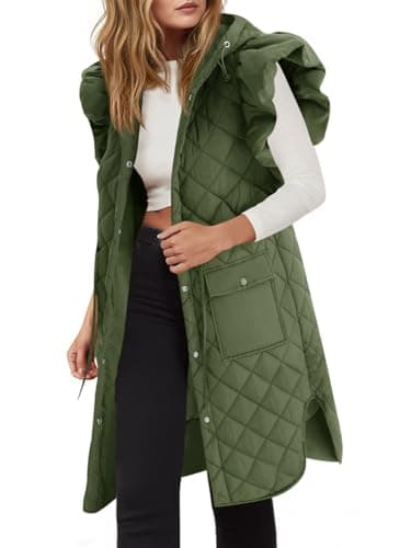 Tankaneo Womens Long Puffer Vest Ruffle Sleeve Winter Coats Hood Sleeveless Quilted Jackets Outwear - Image 1