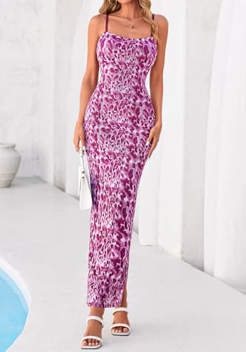 BTFBM Womens Maxi Dress 2026 Spring Floral Sexy Spaghetti Straps Sleeveless Bodycon Summer Beach Wedding Guest Dresses(Dark Purple Print, Large) - Thumbnail 5