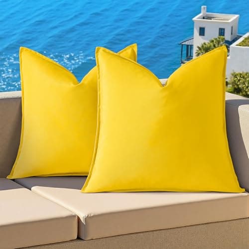 decorUhome Outdoor Waterproof Faux Linen Throw Pillow Covers 18x18 Inch Set of 2 Decorative Vibrant Farmhouse Pillow Cases with Flange Edges for Summer Couch Garden Patio Balcony Porch, Yellow - Image 1