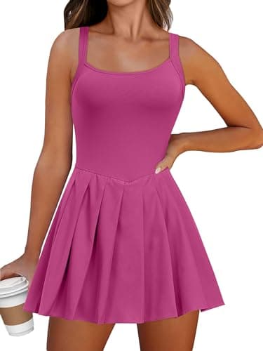 ANRABESS Women's Tennis Athletic Pleated Summer Mini Dress 2025 Golf Workout Build in Shorts Casual Romper Short Sundress Rose X-Large - Image 1