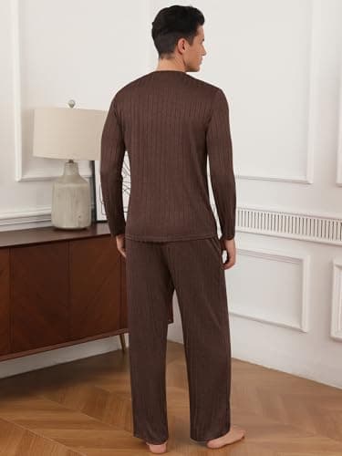 RQP Mens Pajama Set Soft Pijamas Sets for Men Long Sleeve Full Length Pants Pjs Sleepwear,Coffee - Thumbnail 6