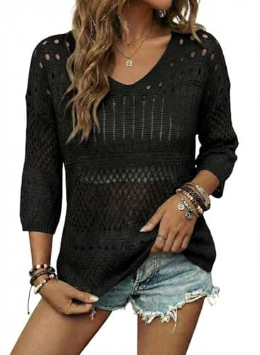 EVALESS Sweaters for Women Spring Tops Beach Cover Ups for Women 2026 Short Sleeve Crochet Hollow Out Sweaters Crew Neck Lightweight Pullover Tops Vacation Outfits Womens Clothes, Black X-Large - Image 1