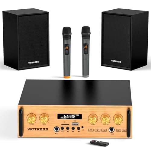 All-in-One 500W Power Amplifier for Home Audio, Bluetooth 5.0 with 2 HiFi Speaker&Wireless UHF Microphones, 2 Channel Stereo Amplifier Set for Home/Party/Music, USB/TF/AUX, Remote Control (Gold) - Image 1