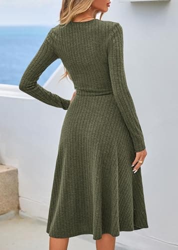 Lazysmile Long Sleeve Fall Winter Dresses for Women V Neck Button Down A Line Swing Casual Knit Sweater Dress Army Green - Thumbnail 2