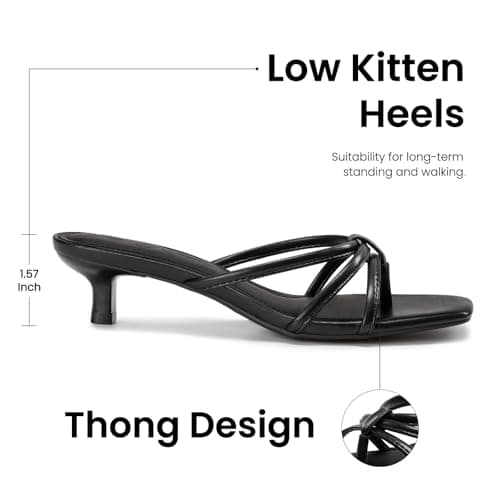 Athlefit Black Kitten Heels for Women Square Toe Summer Low Heels Slip On Flip Flop Strappy Heeled Thong Sandals Size 8 - Thumbnail 4