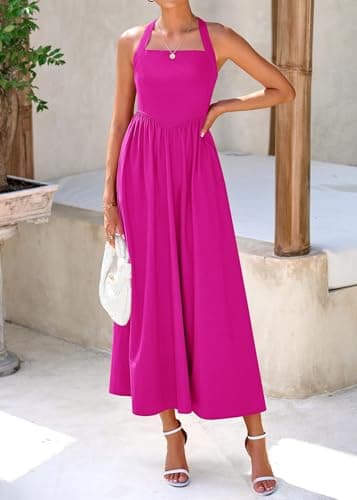 KIRUNDO Summer Dresses for Women 2026 Halter Maxi Wedding Guest Party Cocktail Semi Formal Elegant Classy Long Sundress(Rose Red, Small) - Thumbnail 4