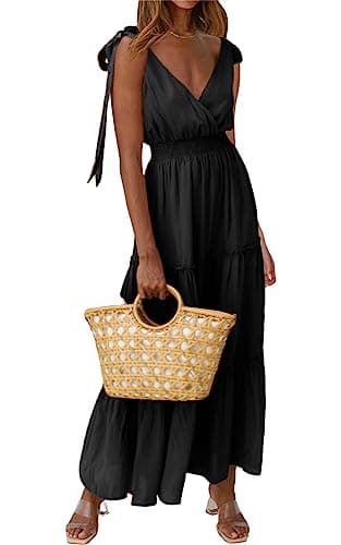 PRETTYGARDEN Women's Boho Summer Dresses Plain Sleeveless Tiered Maxi Dress Spaghetti Strap Sundress V-Neck Beach Smocked Waist Dress Women (Black,Large) - Image 1