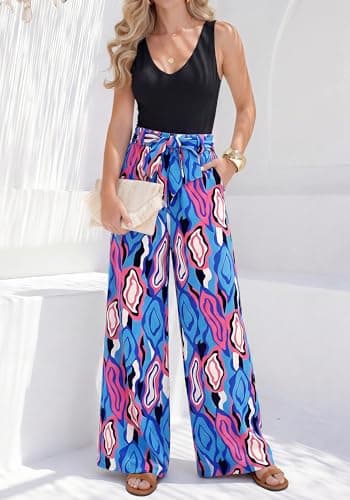 BTFBM Two Piece Sets For Women Summer 2026 Spring Outfits Casual Sleeveless Wide Leg Pants Sets Beach Vacation Clothes(Floral Blue, Small) - Thumbnail 5