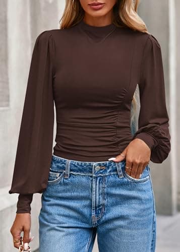 KIRUNDO Blouses for Women Dressy Casual 2026 Spring Tops Fall Puff Long Sleeve Shirts Fitted Mock Neck Ruched Trendy Tops(Brown, XX-Large) - Thumbnail 3