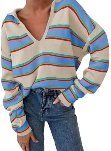 EVALESS Striped Sweater Women V Neck Casual Long Sleeve Ribbed Casual Henley Shirt Contrast Business Warm Tops Knitted Christmas New Year Pullover L Sky Blue Stripe - Image 1