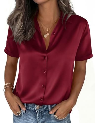 PRETTYGARDEN Womens 2026 Summer Button Down Shirts Short Sleeve Work Tops Dressy Satin Blouses Spring Business Casual Outfits (Burgundy,XX-Large) - Thumbnail 5