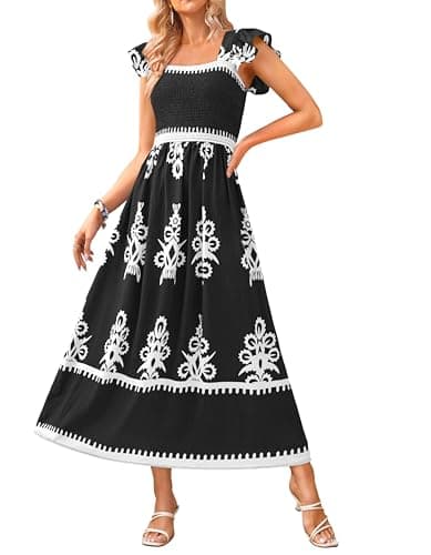 BTFBM Summer Dresses for Women 2026 Floral Smocked Boho Sleeveless Square Neck A Line Casual Beach Maxi Dress Pockets(Black White Flower, Large) - Image 1