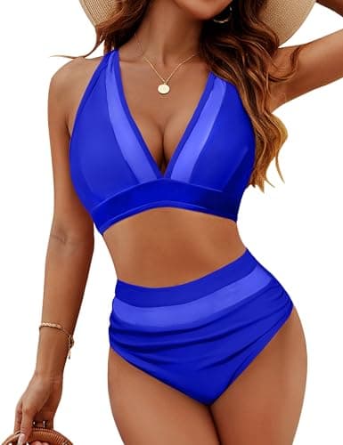 ZAFUL Mesh Insert Swimsuit Halter High Waist Back Tie Sheer Panels Backless Tummy Control Neon Beach Swimwear Royal Blue M - Image 1