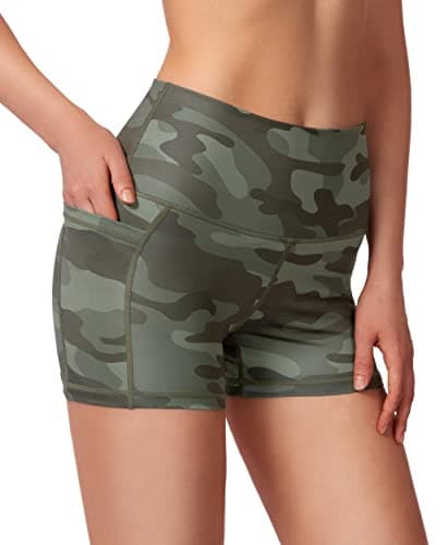 Soothfeel Women's High Waist Yoga Shorts with Side Pockets Tummy Control Running Gym Workout Biker Shorts for Women 5" /3"(3" Green Camo, XXL) - Thumbnail 3